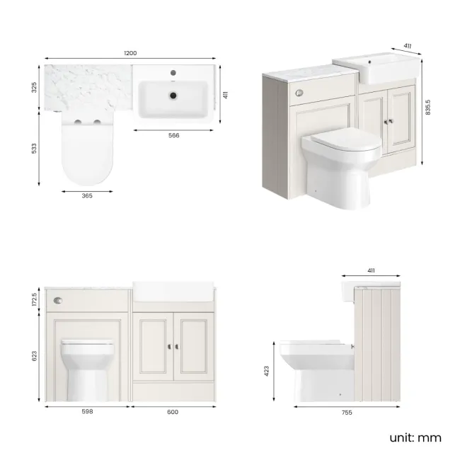 Monaco Cotton White Combination Vanity Basin with Marble Top and Miami Toilet 1200mm