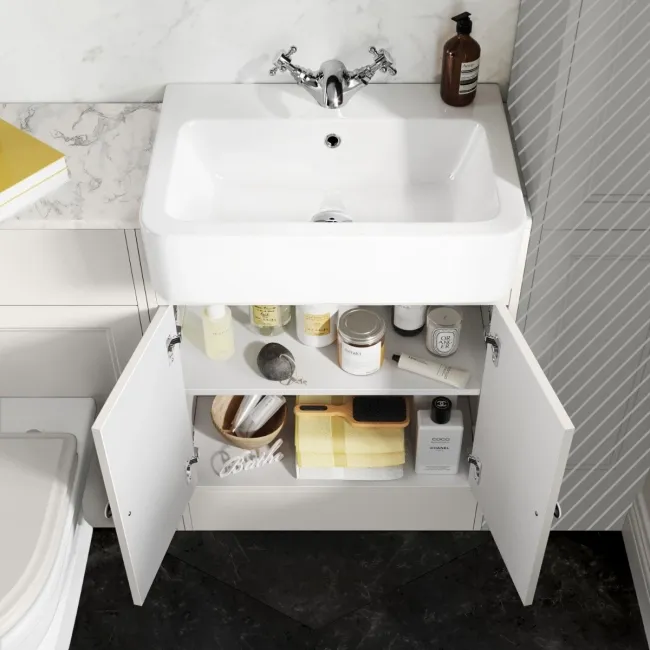 Monaco Cotton White Combination Vanity Basin with Marble Top & Kansas Toilet with Wooden Seat 1200mm