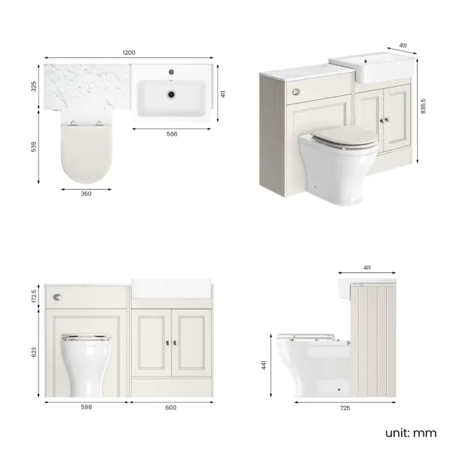 Monaco Cotton White Combination Vanity Basin with Marble Top & Kansas Toilet with Wooden Seat 1200mm
