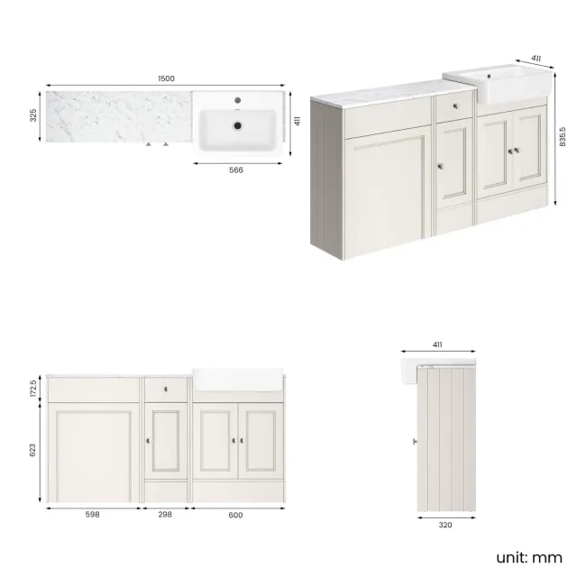 Monaco Cotton White Combination Vanity Basin with Marble Top 1500mm (Excludes Pan & Cistern)