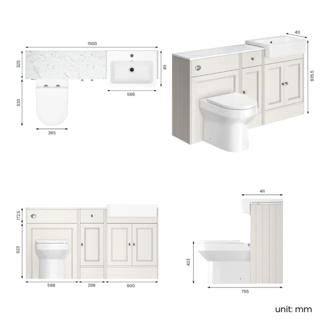 Monaco Cotton White Combination Vanity Basin with Marble Top and Miami Toilet 1500mm
