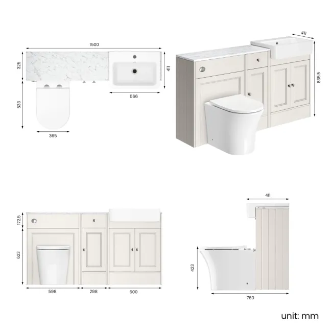 Monaco Cotton White Combination Vanity Basin with Marble Top and Tucson Toilet 1500mm