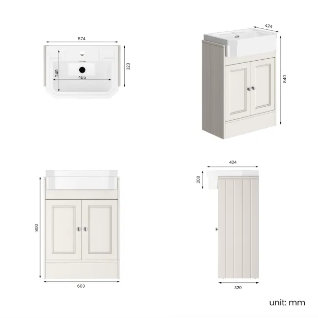 Monaco Cotton White Traditional Basin Vanity 600mm