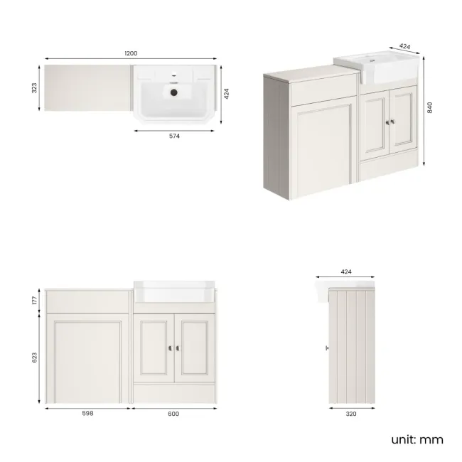 Monaco Cotton White Traditional Basin Vanity and Back To Wall Unit 1200mm (Excludes Pan & Cistern)