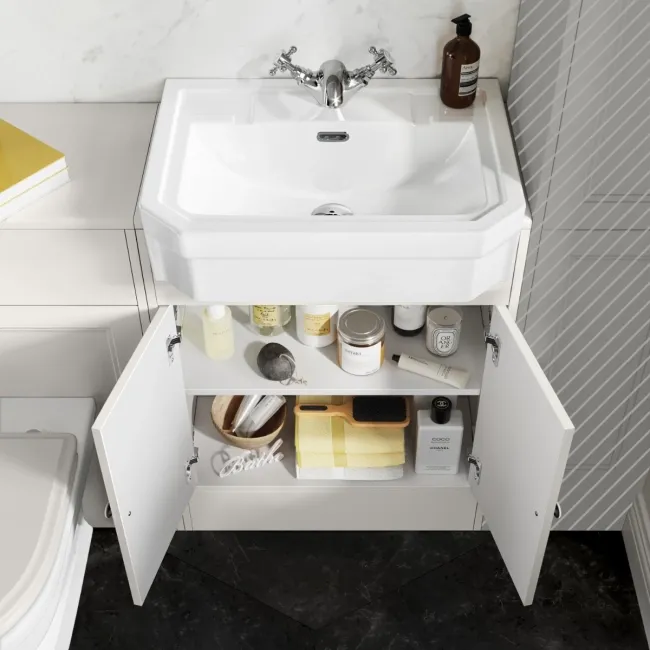 Monaco Cotton White Combination Vanity Traditional Basin and Kansas Toilet with Wooden Seat 1200mm