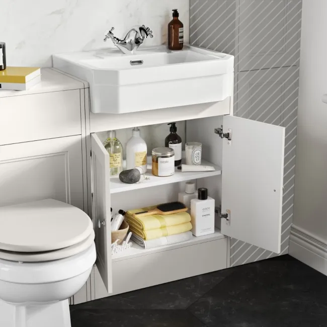 Monaco Cotton White Combination Vanity Traditional Basin and Hudson Toilet with Wooden Seat 1200mm