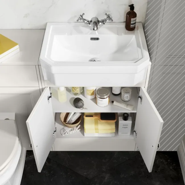 Monaco Cotton White Combination Vanity Traditional Basin and Hudson Toilet with Wooden Seat 1200mm