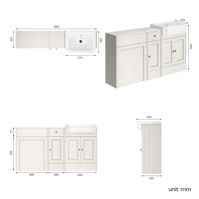Monaco Cotton White Combination Vanity Traditional Basin 1500mm (Excludes Pan & Cistern)