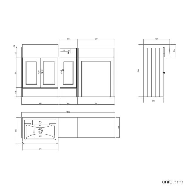 Monaco Cotton White Combination Vanity Traditional Basin 1500mm (Excludes Pan & Cistern)