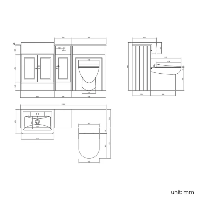 Monaco Cotton White Combination Vanity Traditional Basin and Aruba Toilet 1500mm