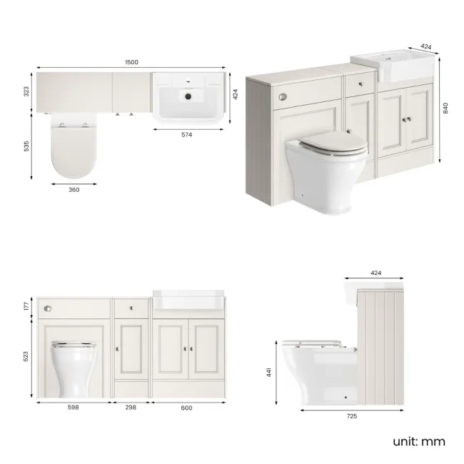 Monaco Cotton White Combination Vanity Traditional Basin and Kansas Toilet with Wooden Seat 1500mm