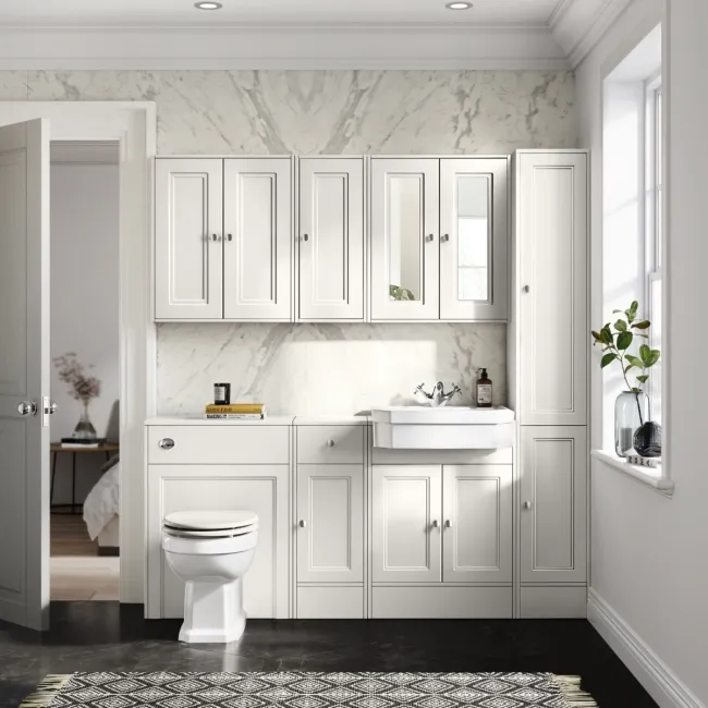 Monaco Cotton White Combination Vanity Traditional Basin and Hudson Toilet with Wooden Seat 1500mm