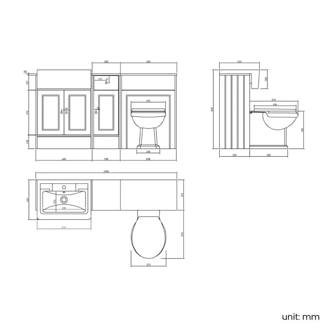 Monaco Cotton White Combination Vanity Traditional Basin and Hudson Toilet with Wooden Seat 1500mm