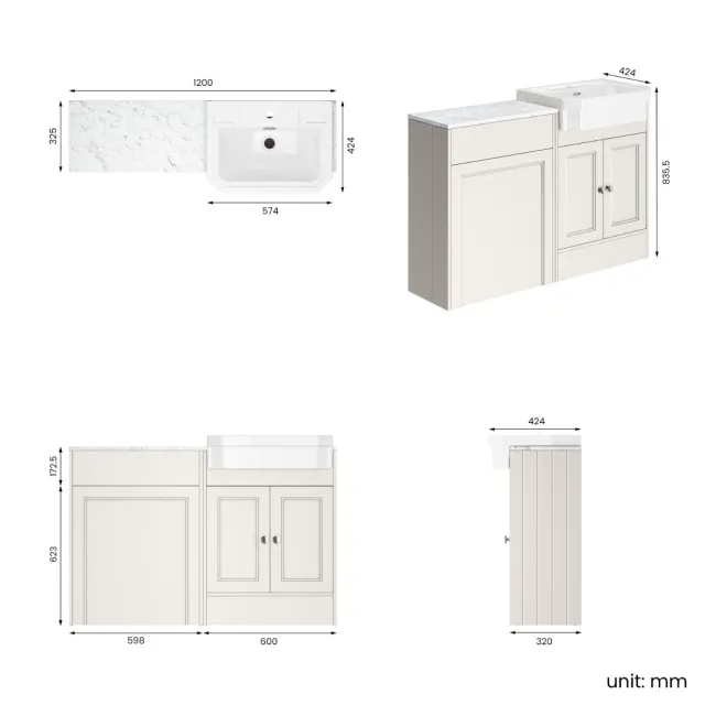 Monaco Cotton White Combination Vanity Traditional Basin with Marble Top 1200mm (Excludes Pan & Cistern)