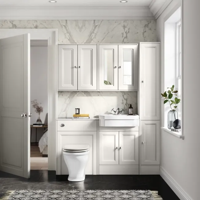 Monaco Cotton White Combination Vanity Traditional Basin with Marble Top & Kansas Toilet with Wooden Seat 1200mm