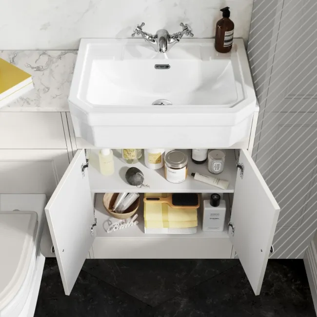 Monaco Cotton White Combination Vanity Traditional Basin with Marble Top & Kansas Toilet with Wooden Seat 1200mm