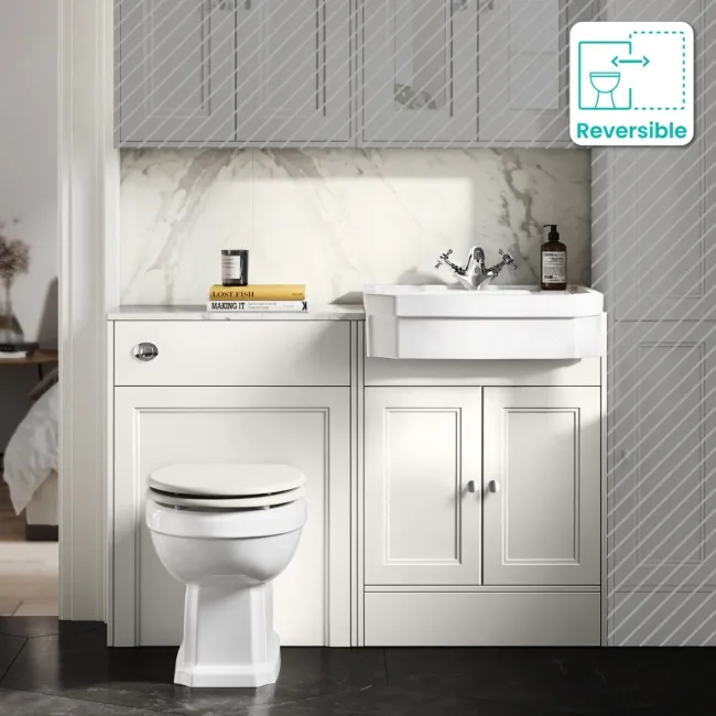 Monaco Cotton White Combination Vanity Traditional Basin with Marble Top & Hudson Toilet with Wooden Seat 1200mm