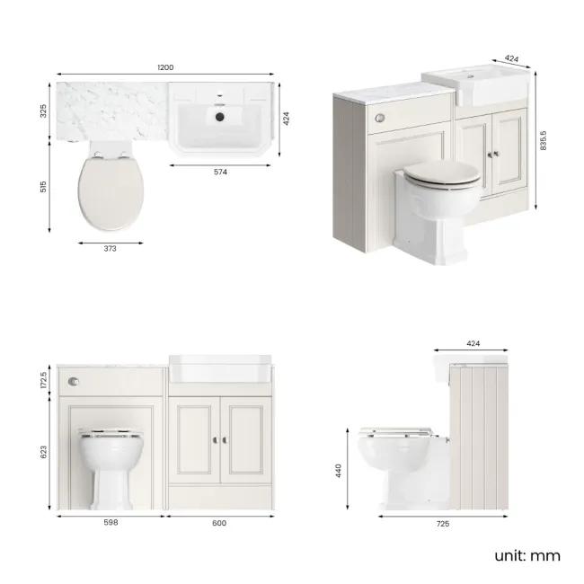 Monaco Cotton White Combination Vanity Traditional Basin with Marble Top & Hudson Toilet with Wooden Seat 1200mm