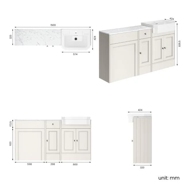 Monaco Cotton White Combination Vanity Traditional Basin with Marble Top 1500mm (Excludes Pan & Cistern)