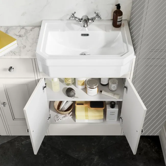 Monaco Cotton White Combination Vanity Traditional Basin with Marble Top & Kansas Toilet with Wooden Seat 1500mm