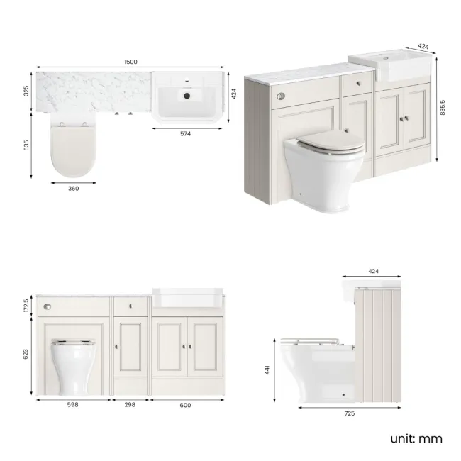 Monaco Cotton White Combination Vanity Traditional Basin with Marble Top & Kansas Toilet with Wooden Seat 1500mm
