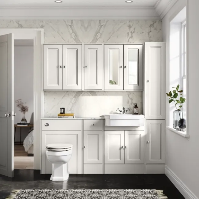 Monaco Cotton White Combination Vanity Traditional Basin with Marble Top & Hudson Toilet with Wooden Seat 1500mm