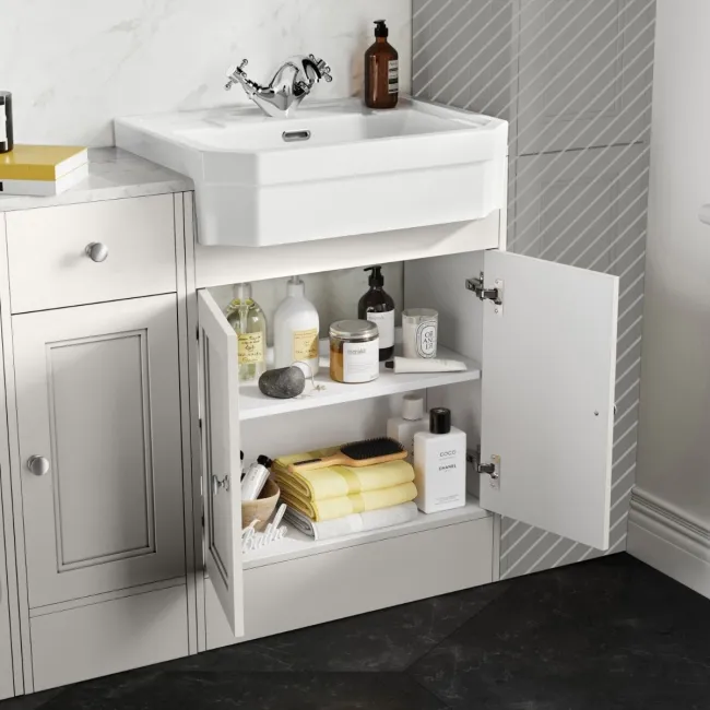 Monaco Cotton White Combination Vanity Traditional Basin with Marble Top & Hudson Toilet with Wooden Seat 1500mm