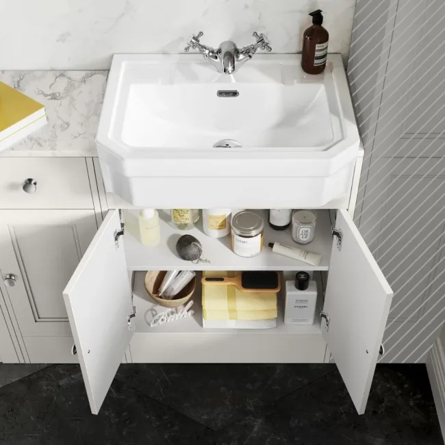 Monaco Cotton White Combination Vanity Traditional Basin with Marble Top & Hudson Toilet with Wooden Seat 1500mm