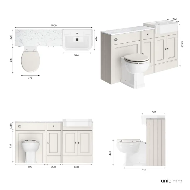 Monaco Cotton White Combination Vanity Traditional Basin with Marble Top & Hudson Toilet with Wooden Seat 1500mm