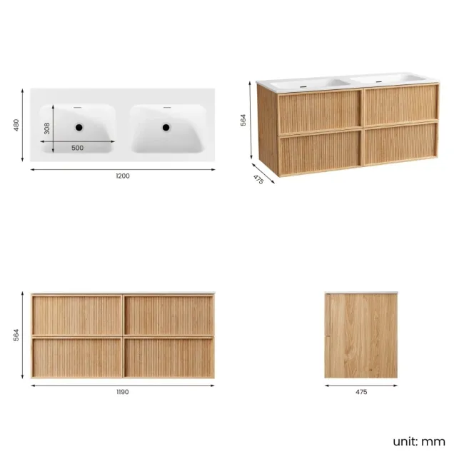 Bora Natural Oak Wall Hung Basin Drawer Vanity 1200mm