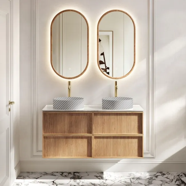 Bora Natural Oak Wall Hung Vanity Drawer with Carrara Marble Top 1200mm - Basin Not Included