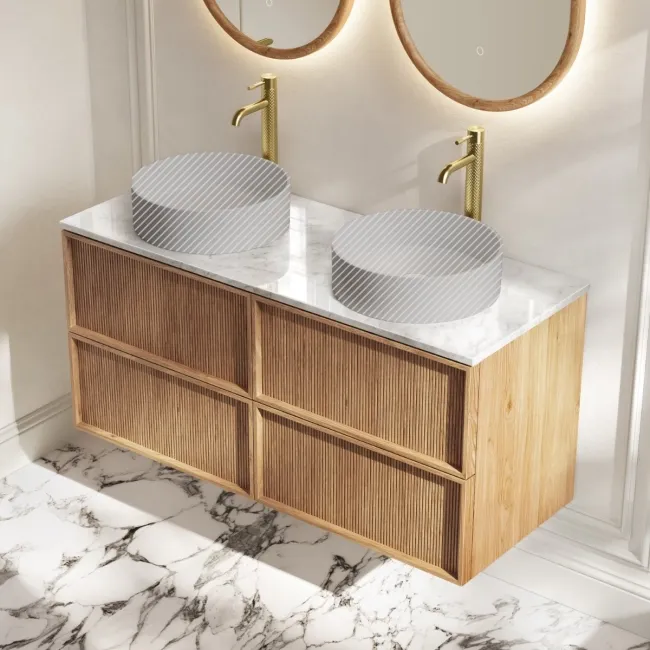 Bora Natural Oak Wall Hung Vanity Drawer with Carrara Marble Top 1200mm - Basin Not Included