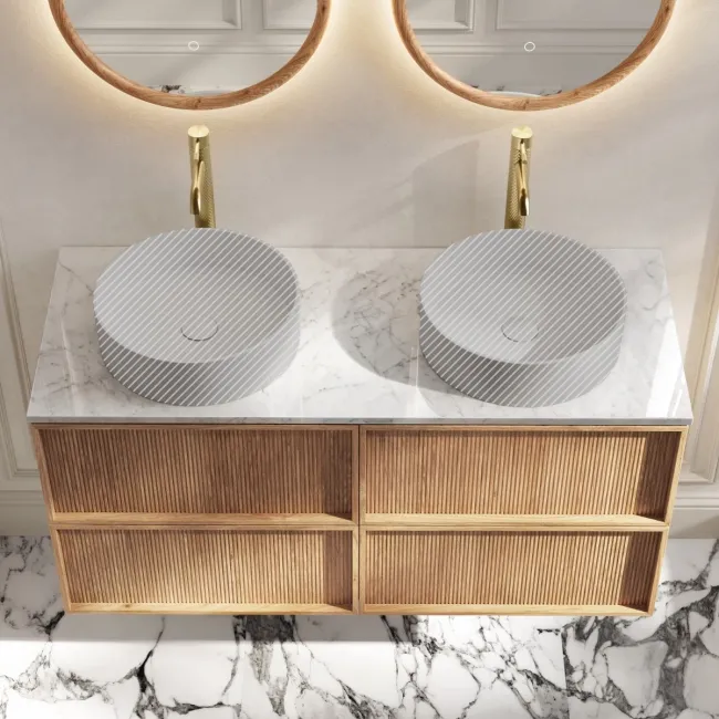 Bora Natural Oak Wall Hung Vanity Drawer with Carrara Marble Top 1200mm - Basin Not Included