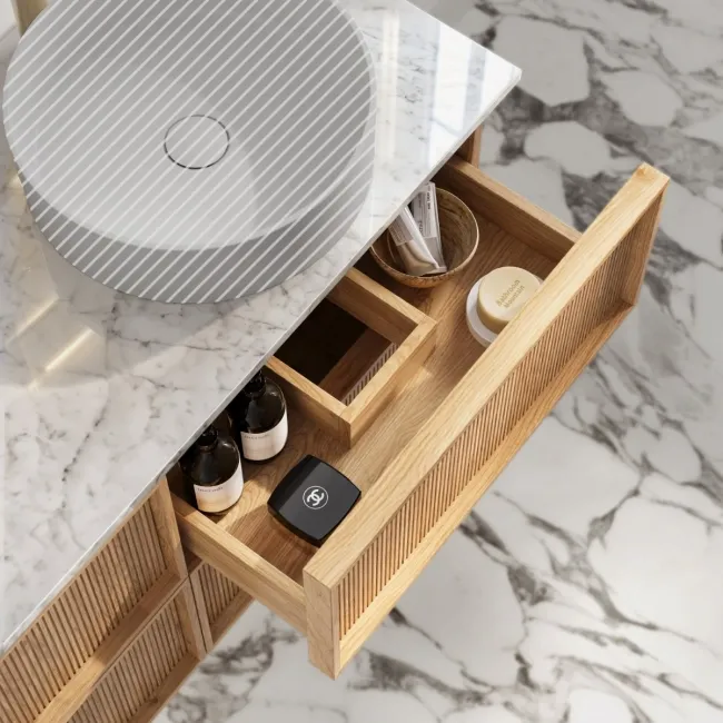 Bora Natural Oak Wall Hung Vanity Drawer with Carrara Marble Top 1200mm - Basin Not Included