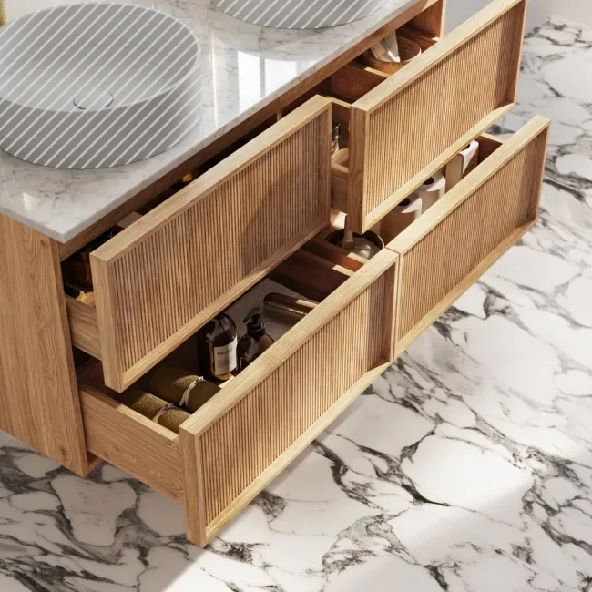 Bora Natural Oak Wall Hung Vanity Drawer with Carrara Marble Top 1200mm - Basin Not Included