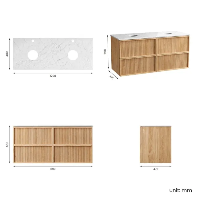 Bora Natural Oak Wall Hung Vanity Drawer with Carrara Marble Top 1200mm - Basin Not Included