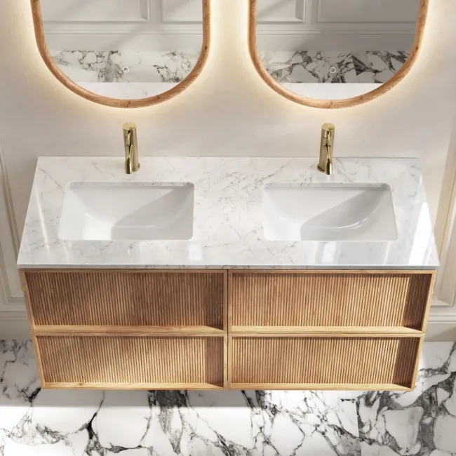 Bora Natural Oak Carrara Marble Wall Hung Vanity Drawer & Undermount Basin 1200mm