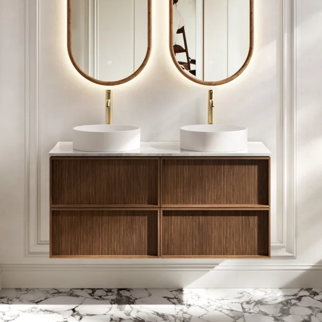 Bora Natural Walnut Wall Hung Vanity Drawer with Carrara Marble Top 1200mm - Basin Not Included