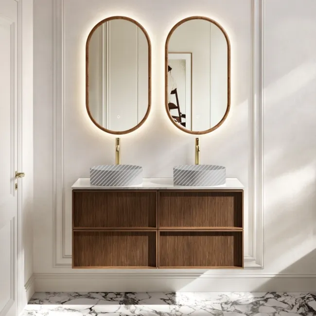 Bora Natural Walnut Wall Hung Vanity Drawer with Carrara Marble Top 1200mm - Basin Not Included