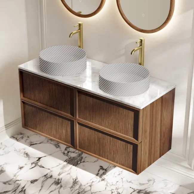 Bora Natural Walnut Wall Hung Vanity Drawer with Carrara Marble Top 1200mm - Basin Not Included