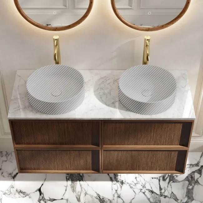 Bora Natural Walnut Wall Hung Vanity Drawer with Carrara Marble Top 1200mm - Basin Not Included