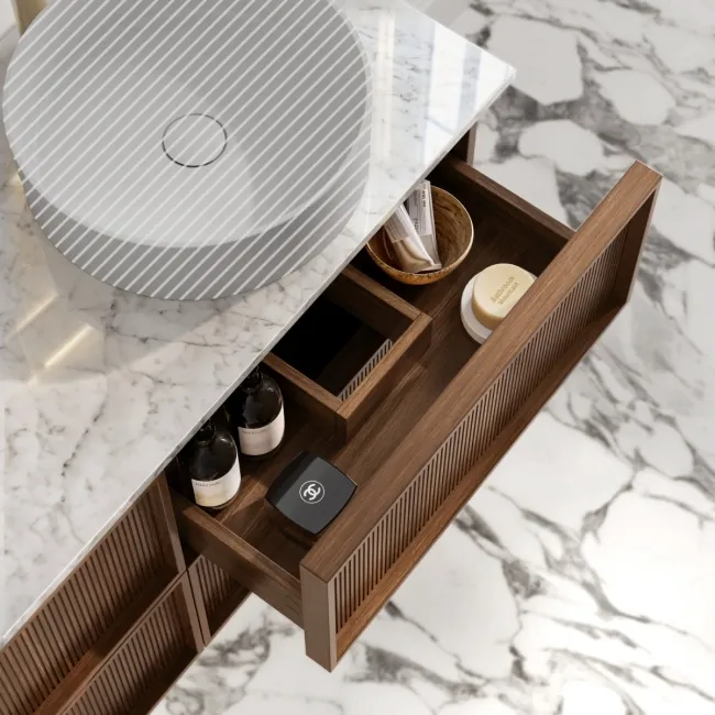 Bora Natural Walnut Wall Hung Vanity Drawer with Carrara Marble Top 1200mm - Basin Not Included