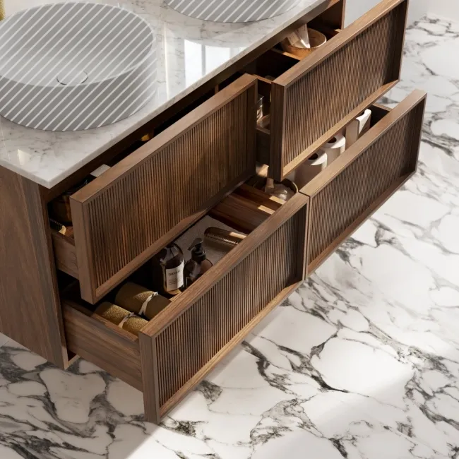 Bora Natural Walnut Wall Hung Vanity Drawer with Carrara Marble Top 1200mm - Basin Not Included