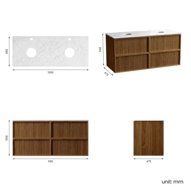 Bora Natural Walnut Wall Hung Vanity Drawer with Carrara Marble Top 1200mm - Basin Not Included