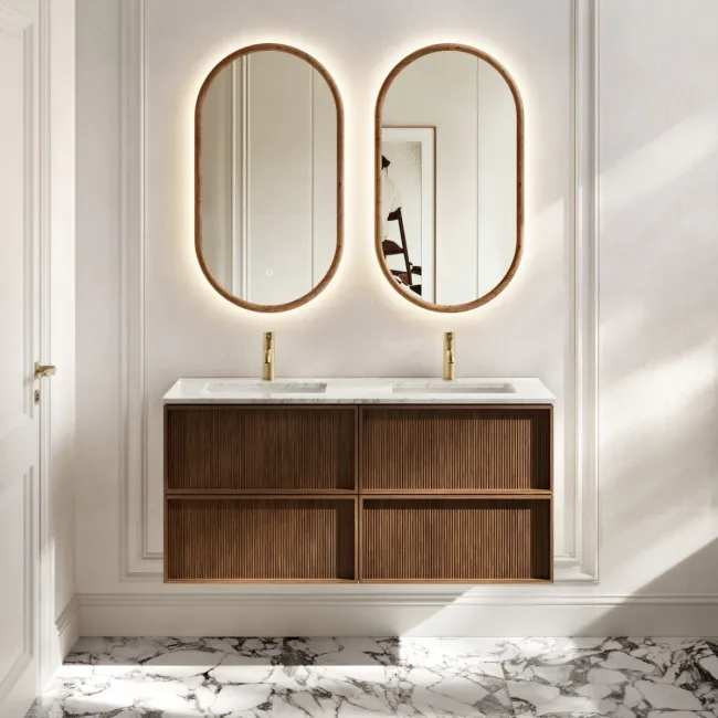 Bora Natural Walnut Carrara Marble Wall Hung Vanity Drawer & Undermount Basin 1200mm