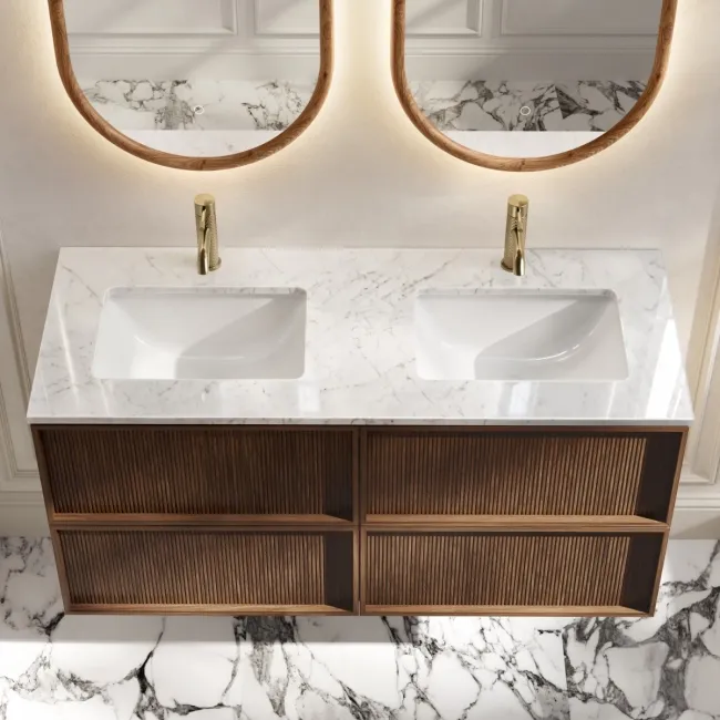 Bora Natural Walnut Carrara Marble Wall Hung Vanity Drawer & Undermount Basin 1200mm