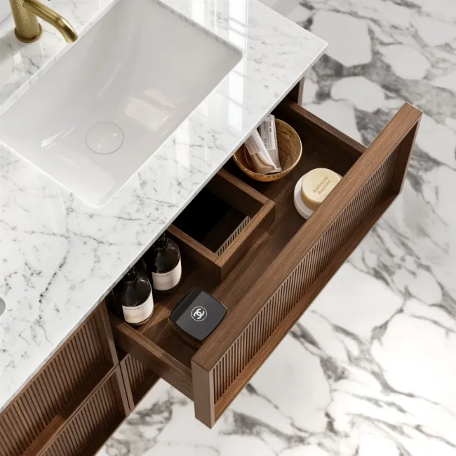 Bora Natural Walnut Carrara Marble Wall Hung Vanity Drawer & Undermount Basin 1200mm