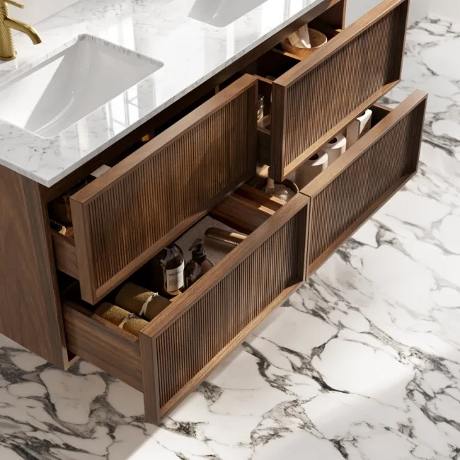 Bora Natural Walnut Carrara Marble Wall Hung Vanity Drawer & Undermount Basin 1200mm