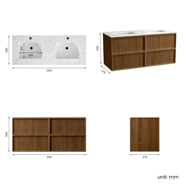 Bora Natural Walnut Carrara Marble Wall Hung Vanity Drawer & Undermount Basin 1200mm