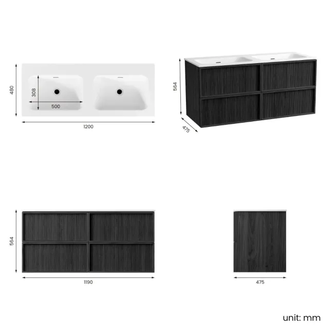 Bora Black Oak Wall Hung Basin Drawer Vanity 1200mm
